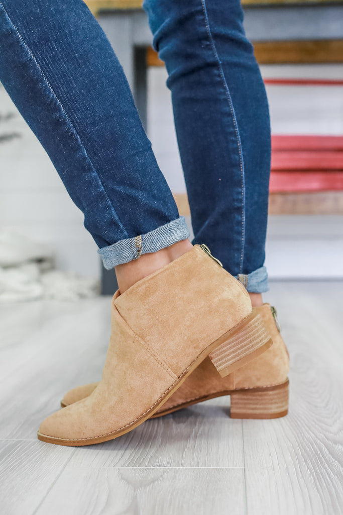 camel booties suede