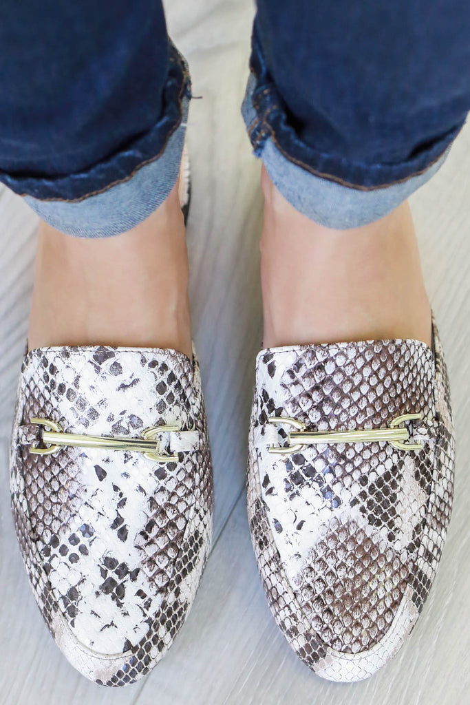 faux snakeskin mules