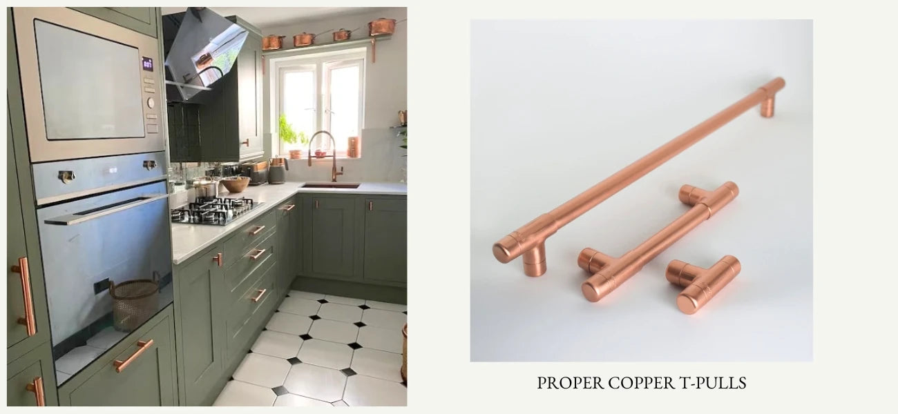 Copper handles t bar shape installed on a beautiful shaker style kitchen