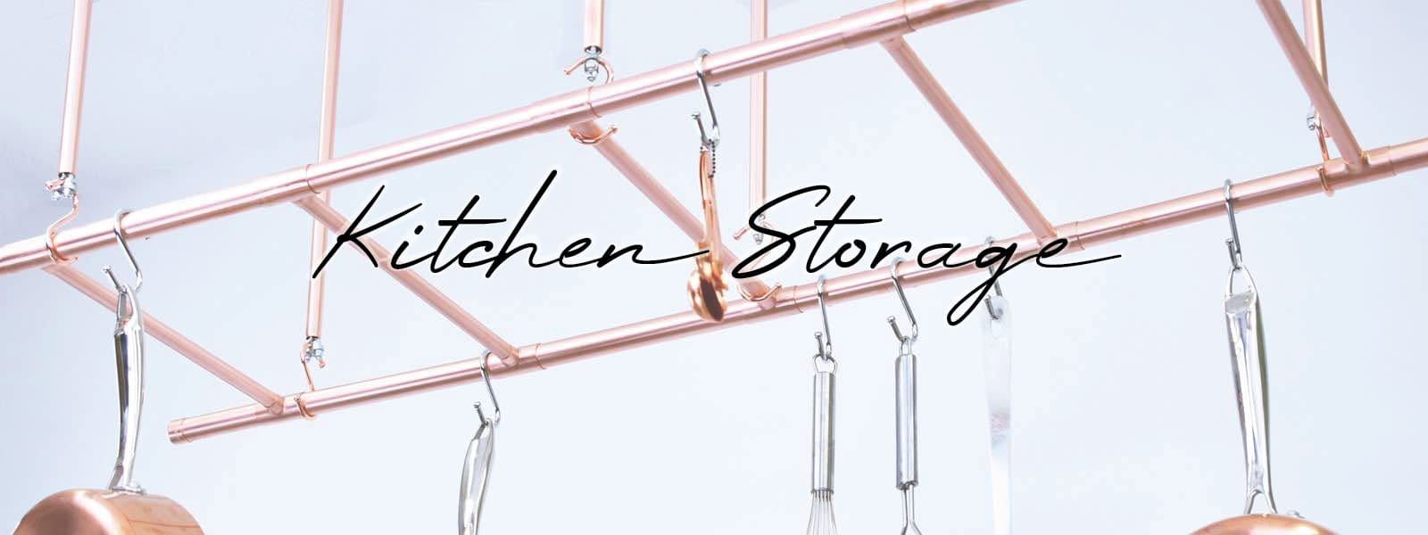 copper hanging rails and racks, kitchen storage solution made in England