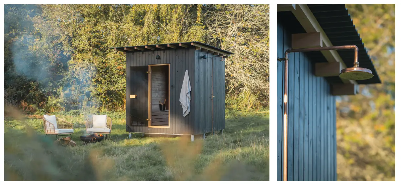 Outdoor wooden sauna with an exposed backyard copper shower