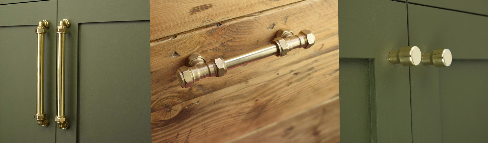 new brass handle designs featured on a green chest of drawers.
