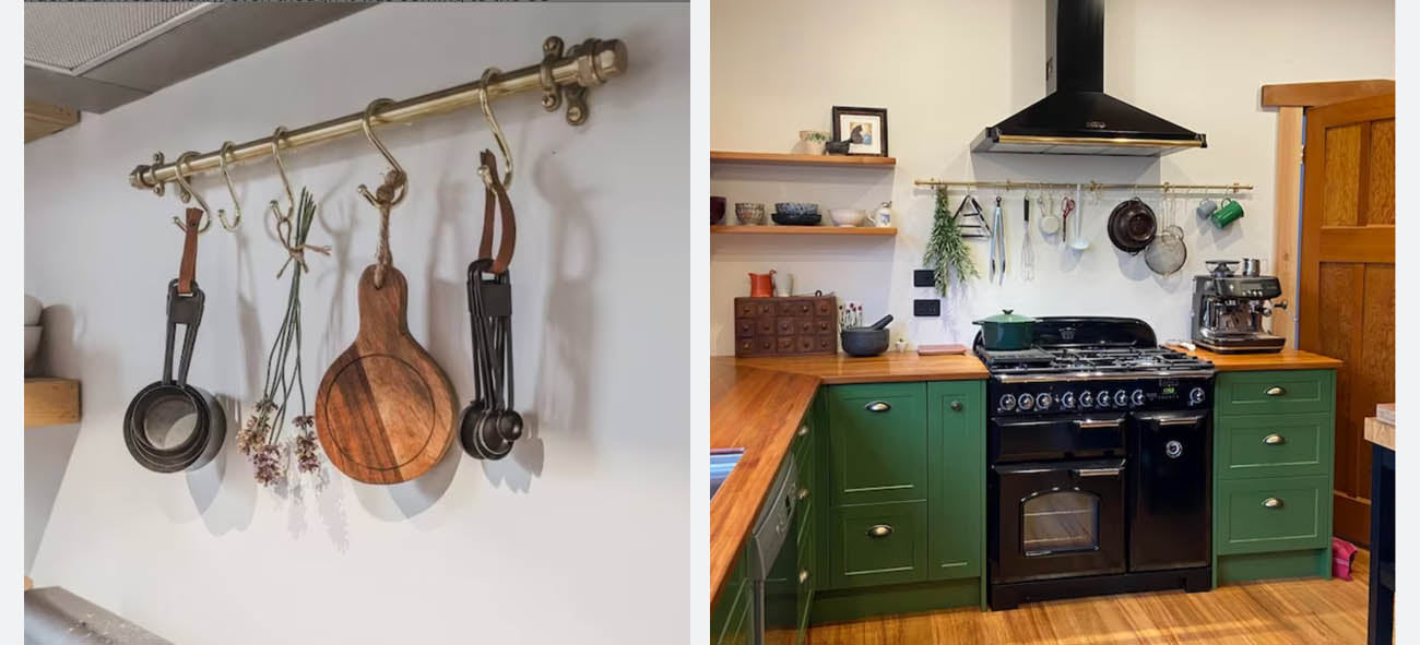 brass pan rail above country stove