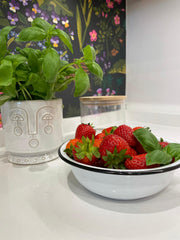 bowl of strawberries in a kitchen
