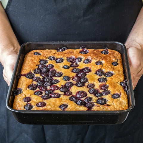 Blueberry cake being held in a tray