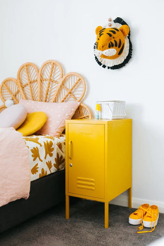 how to make the most out of a small room - mustard made locker used as a bedside table