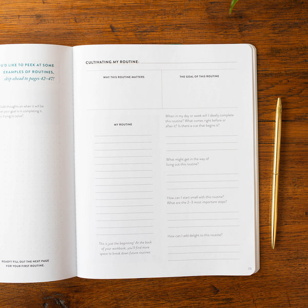 Cultivate What Matters Routines Workbook on a dark wood table
