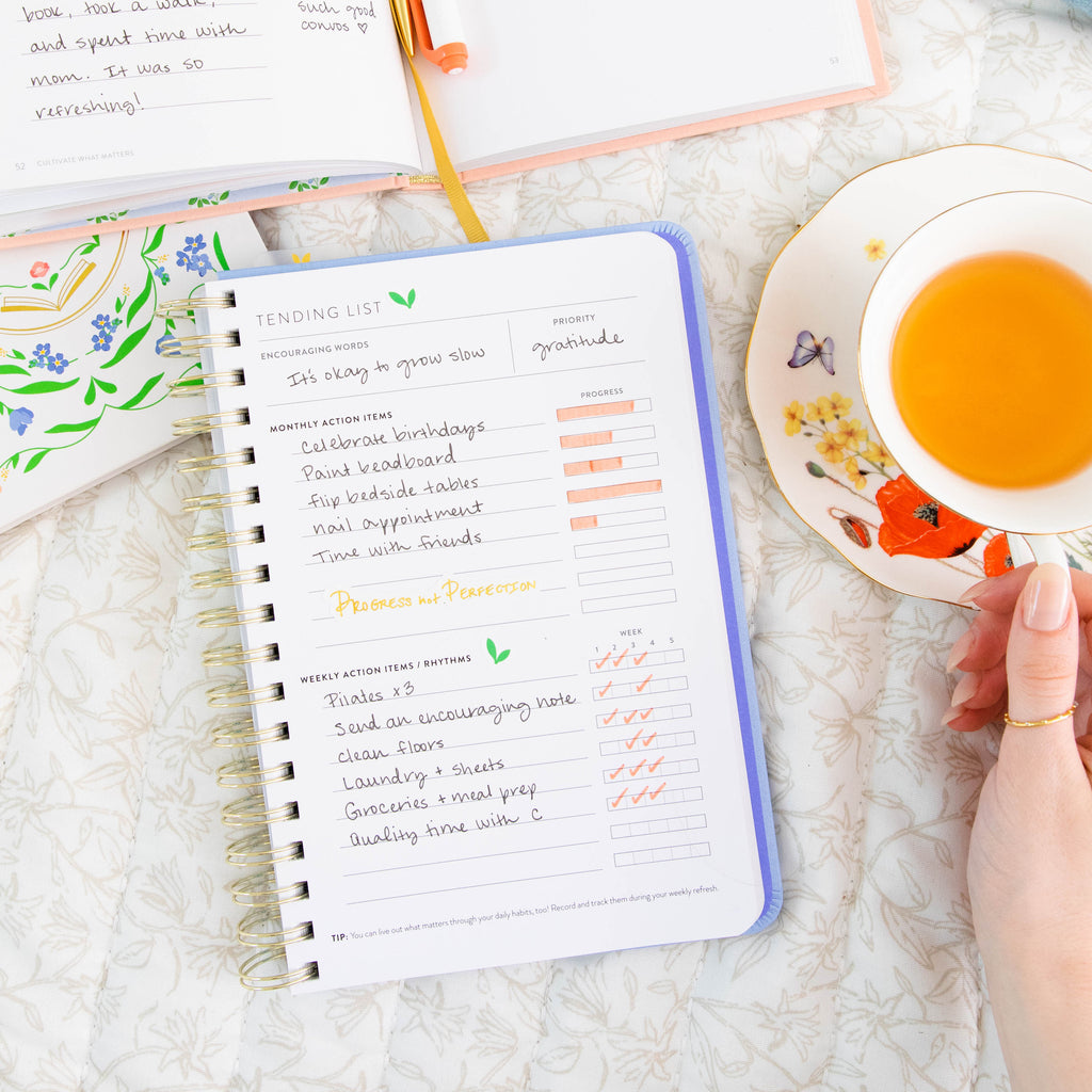 PowerSheets Fresh Start goal planner Tending List with tea
