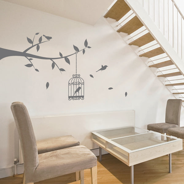 Tree Branch With Bird Cage Wall Sticker Decals Birds Vinyl Uk Wallboss Wall Stickers Wall 