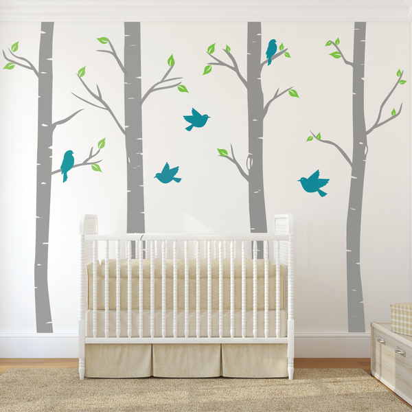 Nursery Birch Tree Wall Decals With Birds | Wallboss Wall Stickers