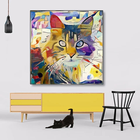 Fargerik katt maleri lerretsbilde kunst abstrakt bilde