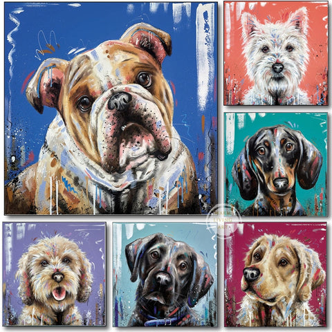 FARGERIKE HUNDE BILDER FARGERIKE HUNDER I CANVAS PRINT KUNST MALERI BILDE Golden Retriever Dachshund Cockapoo Engelsk bulldog Labrador Westie