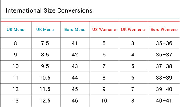 Mens International Size Conversion Chart