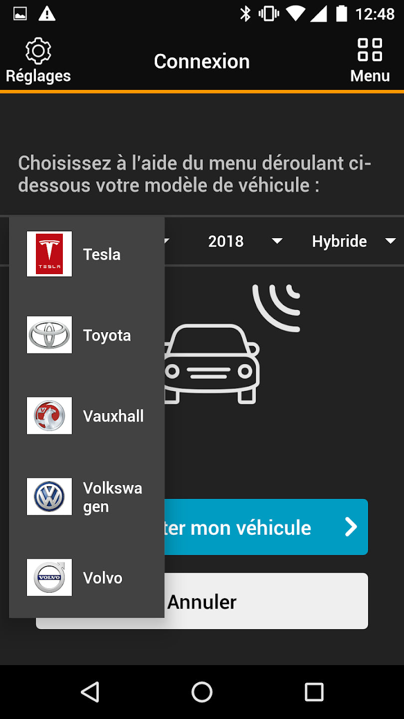 Écran d'accueil de l'application OBDclick sur Android