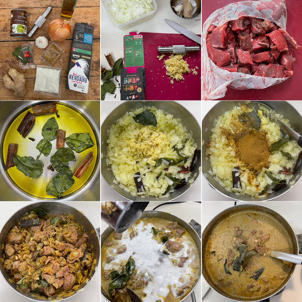 montage of images of cooking method for making a beef rendang recipe