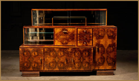 Antique Art Deco English walnut burl bar with glass-front storage displays