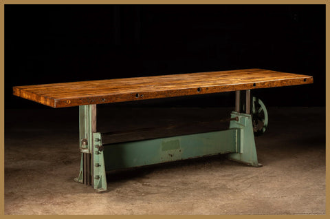 Antique butcher block farm table with crank at Industrial Artifacts