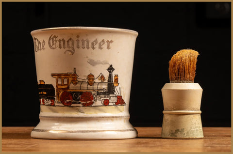 Antique shaving mug and brush with train from Industrial Artifacts