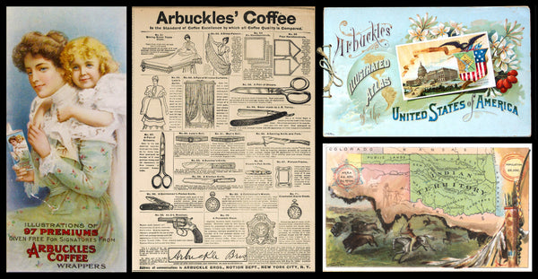 Arbuckle advertising with woman and child, newspaper coupons, and trading cards