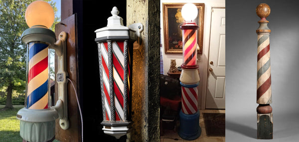 Wall-mounted Koken Barber pole outside, wall-mounted Koken Barber pole with stained glass, Theo. A. Koch 78 inch tall barber pole, 95 inch wooden barber pole from the late 1800s