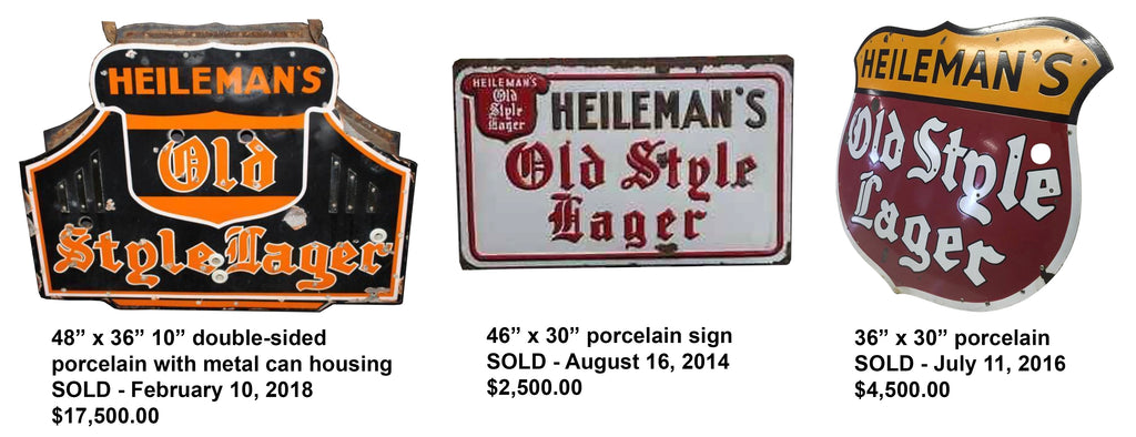 Vintage red Heileman's Old Style Lager porcelain signs and prices
