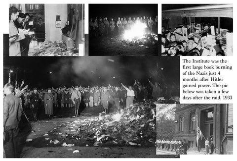 Collage of book burnings in Germany starting in 1933