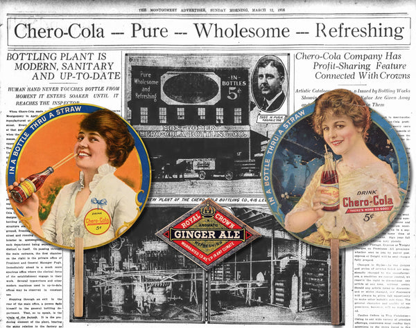 Chero-Cola Newspaper article and advertising fans with Royal Crown Ginger Ale