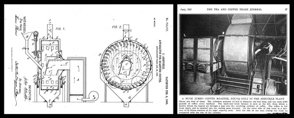 John Arbuckle's coffee roasting machine patent and a photograph of coffee roasting machine