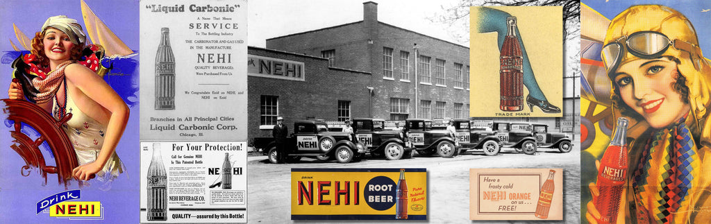 Drink Nehi vintage advertisements and old picture of Nehi bottling with trucks