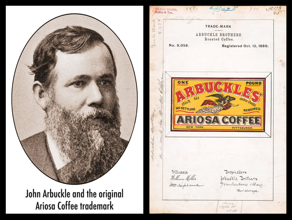 Portrait of John Arbuckle next to original Ariosa trademark