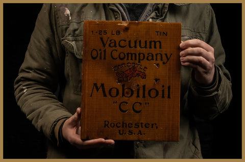 Antique MobilOil engine oil crate from Vacuum Oil Company at Industrial Artifacts