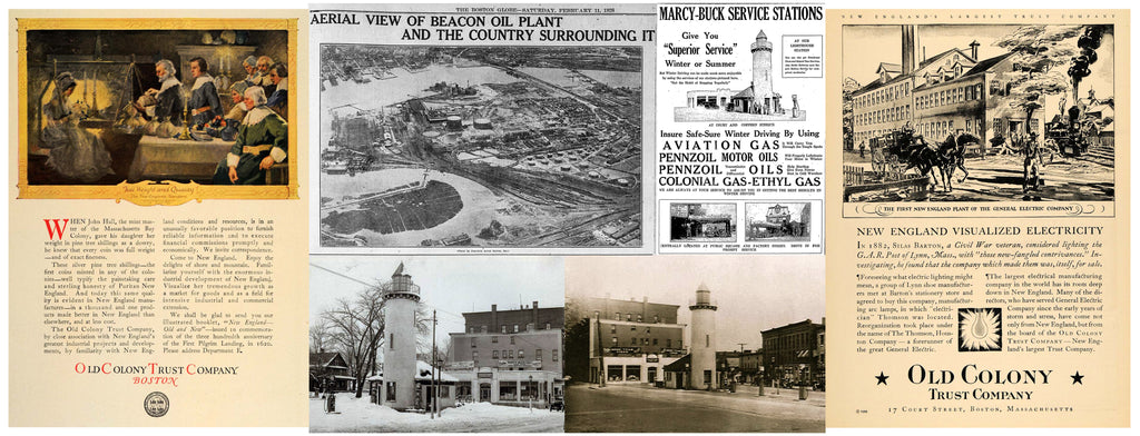 Old Colony Trust Company advertisements Beacon explosion in Everett and lighthouse gas station