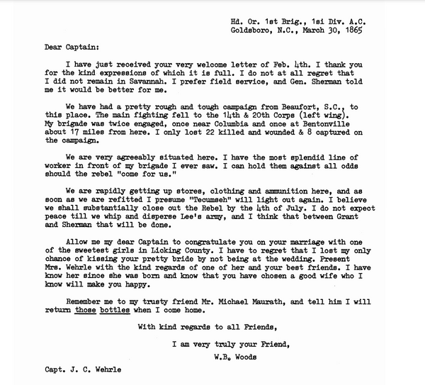 Col. W.B. Woods letter to Captain J. Wehrle