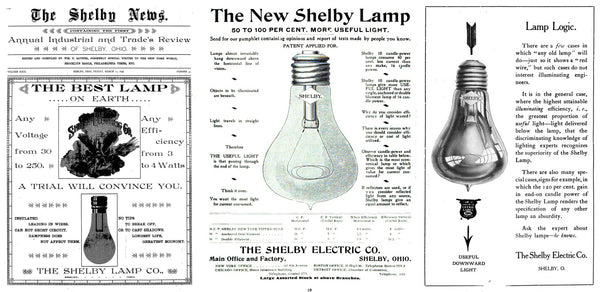 Shelby Electric and Shelby Incandescent Lamp ads from 1890s to 1900s