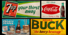 Vintage 7up Coca-Cola Dr Pepper and Buck signs at Industrial Artifacts