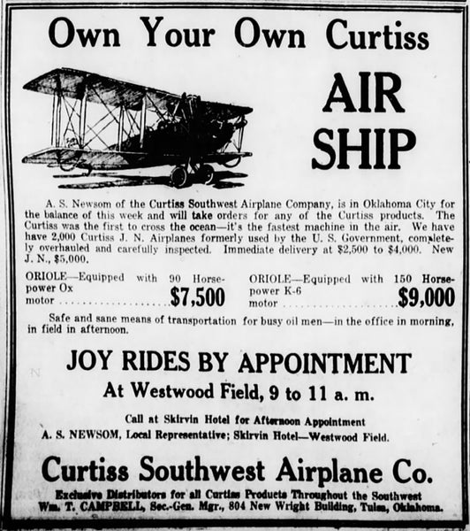 Newsprint ad for Curtiss Southwest Airplane Co joyrides