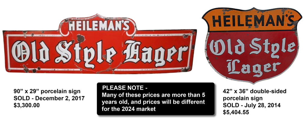 Vintage red Heileman's Old Style Lager porcelain signs and prices