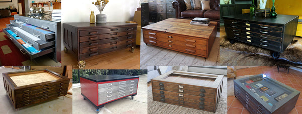 Antique and Vintage flat file cabinets repurposed at tables for the home or office