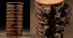 Antique floor length steel and wood industrial parts storage tower at Industrial Artifacts