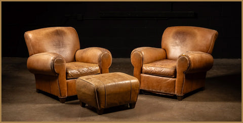 vintage leather club chair set with ottoman in camel