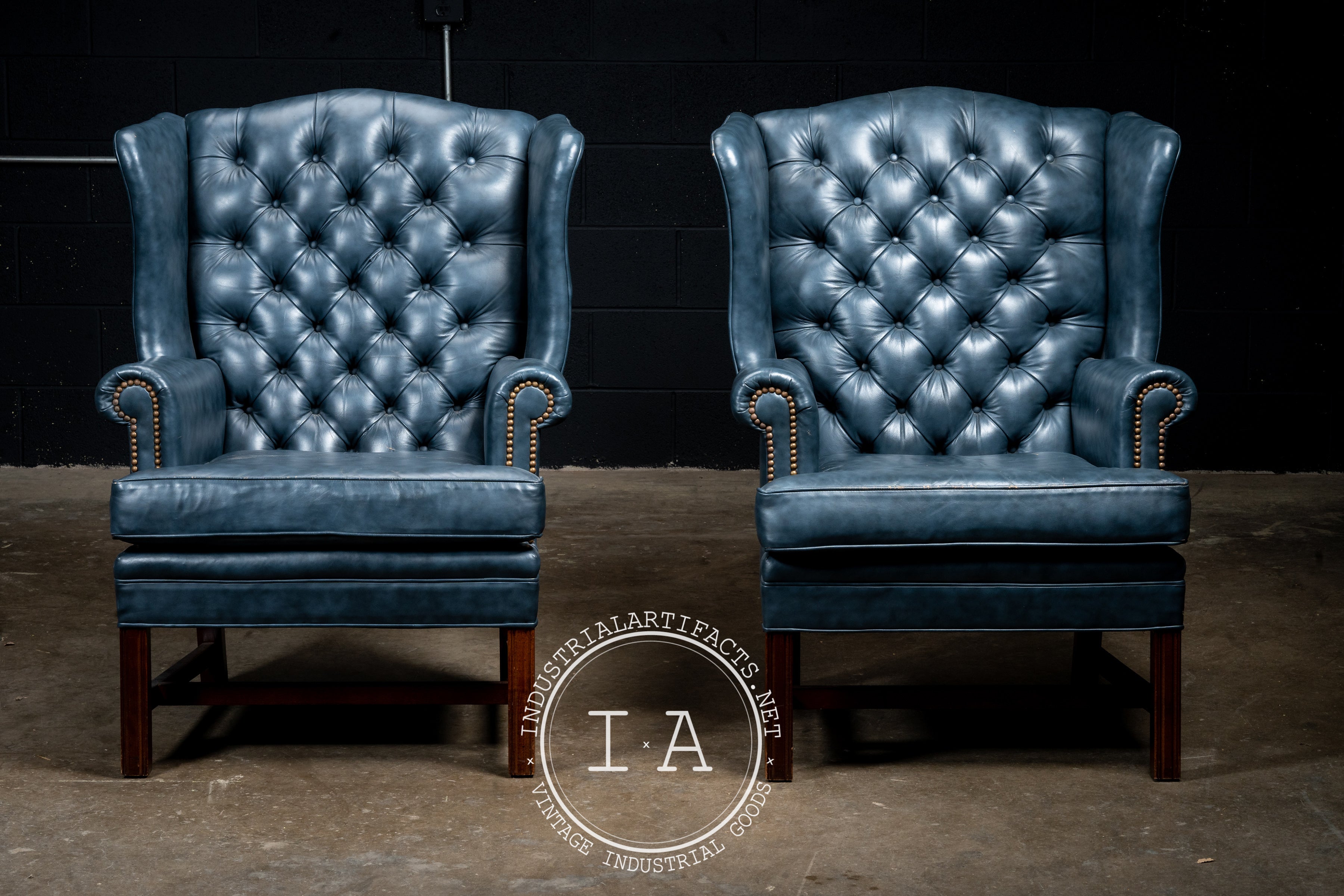 Vintage Tufted Wingback Chairs in Blue - A Pair