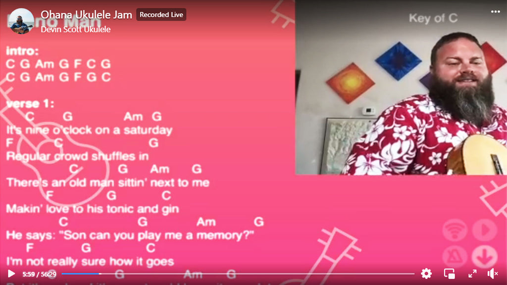 devin scott ohana uke jam still with pink background and scrolling text