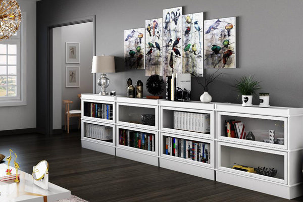 Hale Barrister Bookcases in four stacks with 2 shelf sections per stack in the living room. 