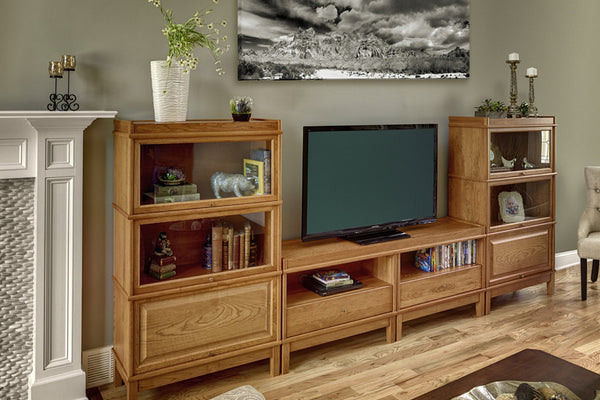 Arrange stacking interchangeable Barrister Bookcases with receding doors in the family room. 