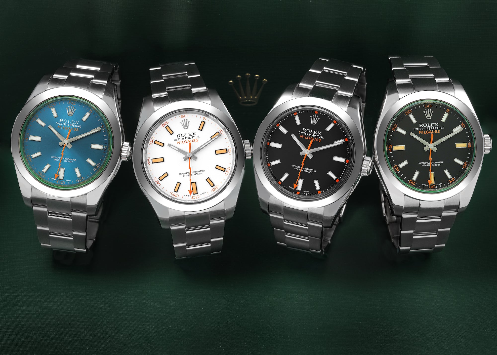 Four Rolex Milgausses in different colors