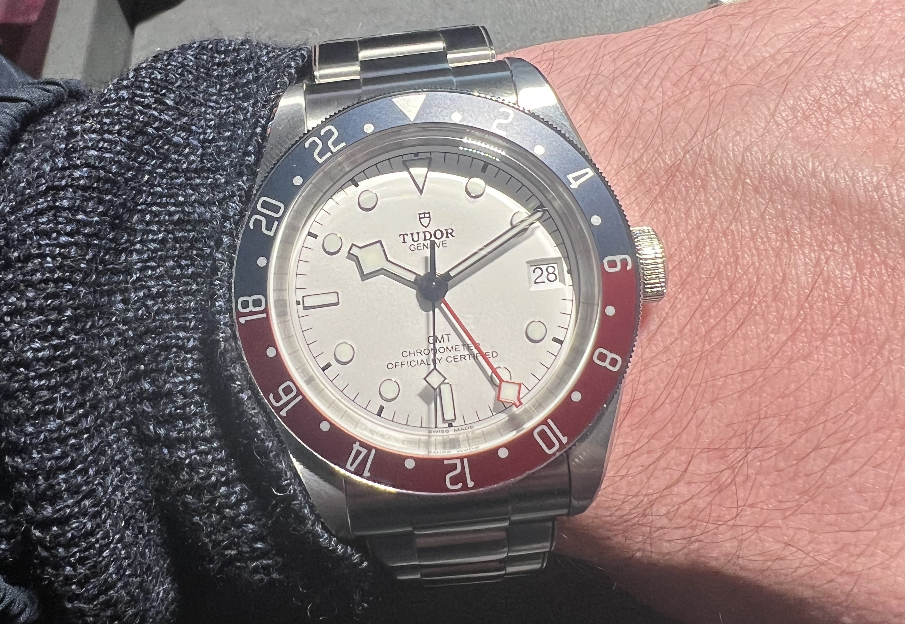 Tudor Black Bay GMT Opanline on wrist at Tudor Geneva Pop-up shop