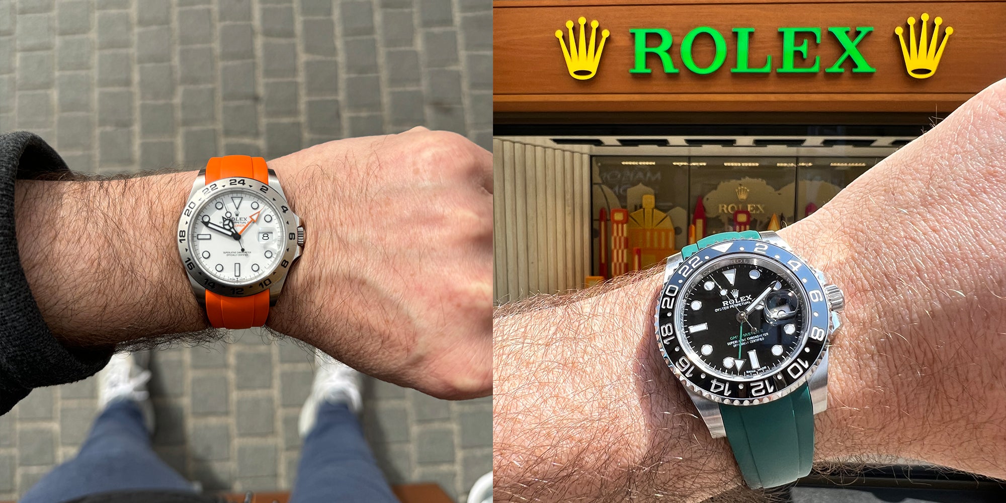Rolex Explorer II on orange rubber strap and GMT-Master II on green rubber strap