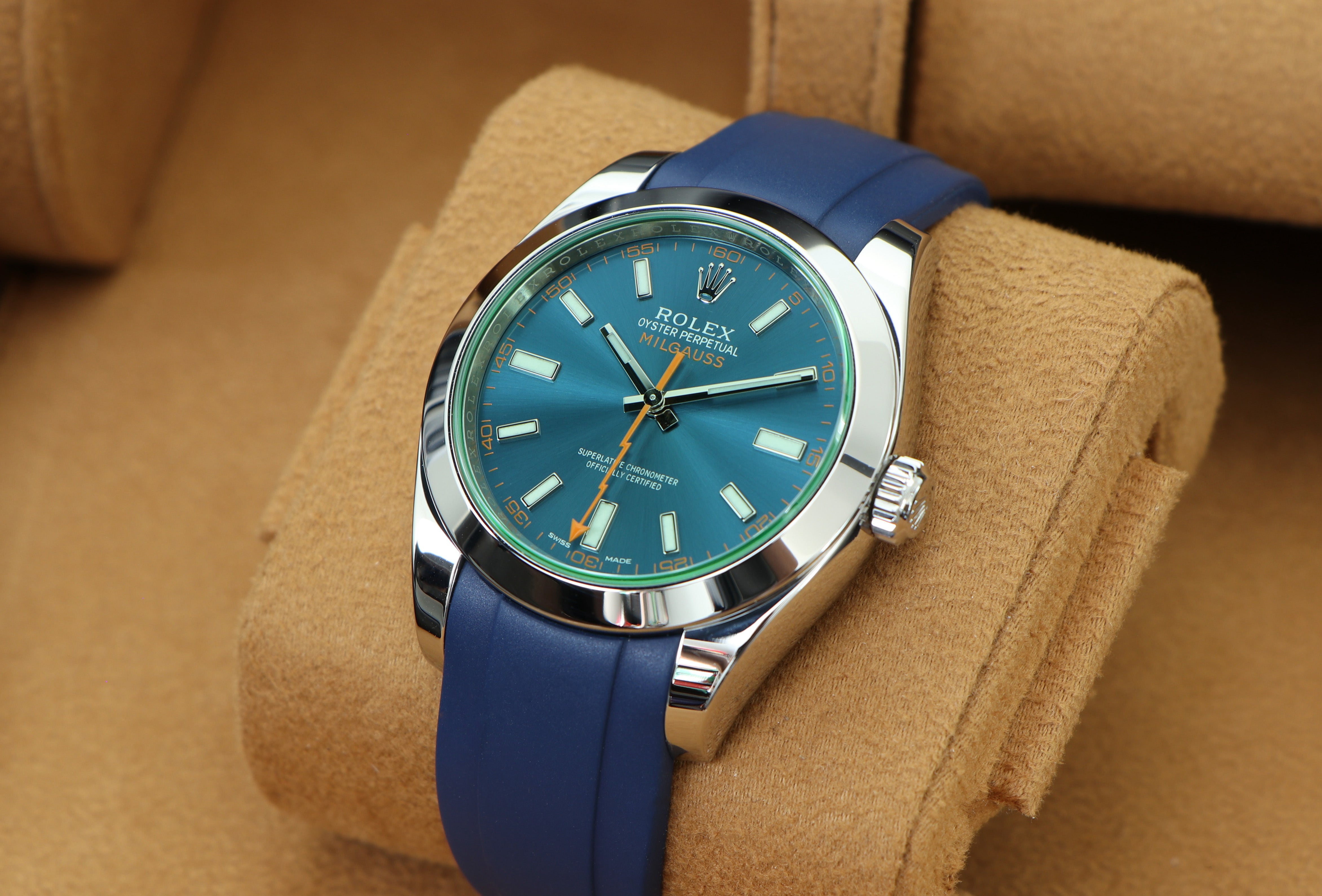 Rolex Milgauss on Blue Everest Curved End Rubber Strap