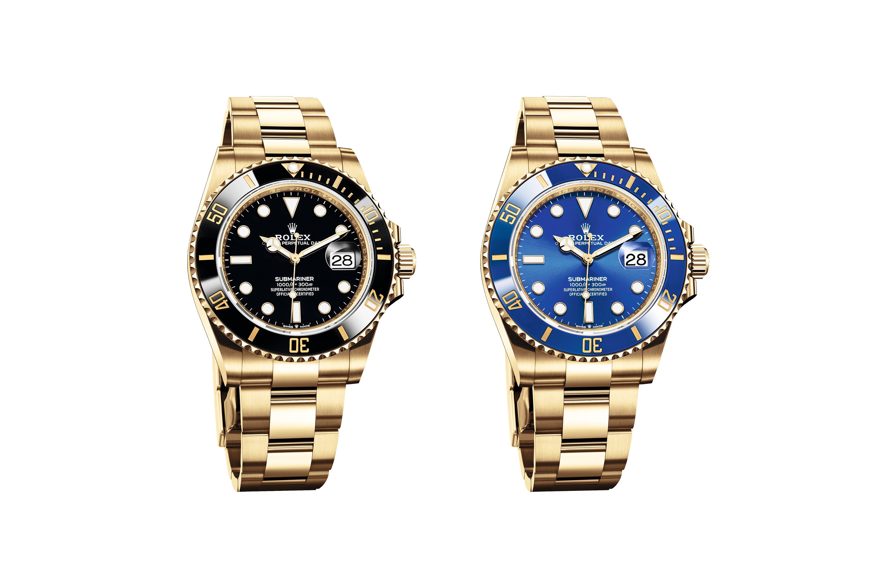 Yellow Gold Rolex Submariner with black dial and bezel and blue dial and bezel