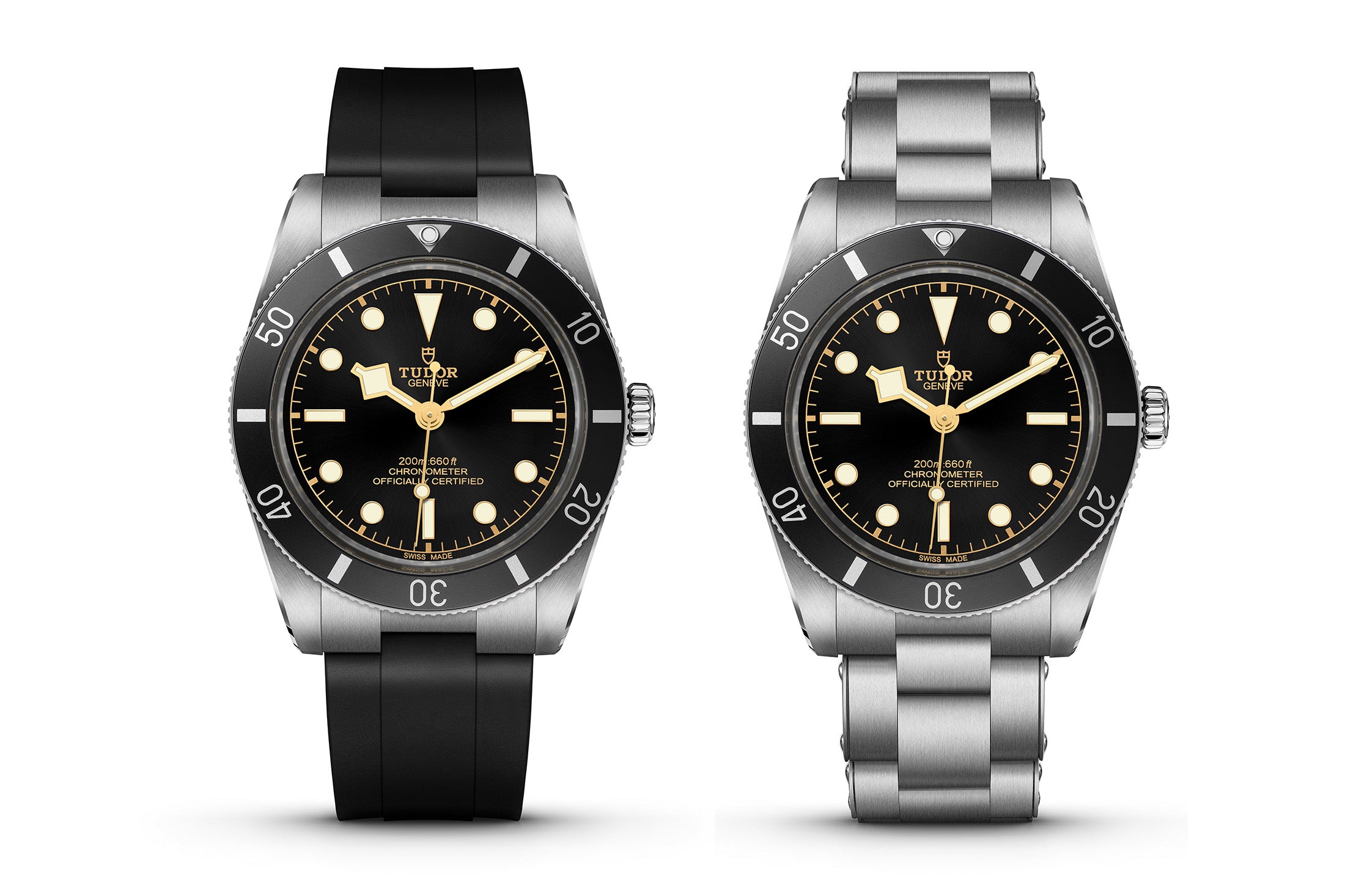 Tudor Black Bay 54 on rubber (left) and bracelet (right)